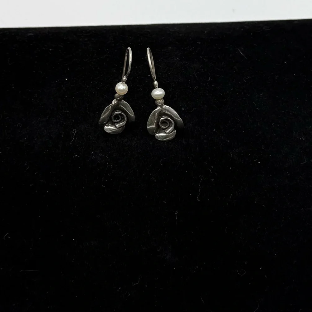Vintage Paz Sterling 925 White Pearl Rose Drop Earrings Made in Israel